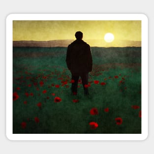 Man watching sunset in poppy field - never forget Sticker